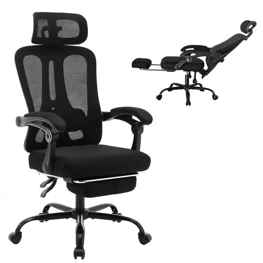 Chaise de bureau ergonomique ERGOBUREAU Air noire, dossier haut inclinable avec repose-pieds