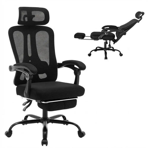 Chaise de bureau ergonomique ERGOBUREAU Air noire, dossier haut inclinable avec repose-pieds