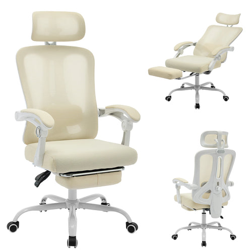 Chaise de bureau ergonomique ERGOBUREAU Air beige, dossier haut inclinable avec repose-pieds