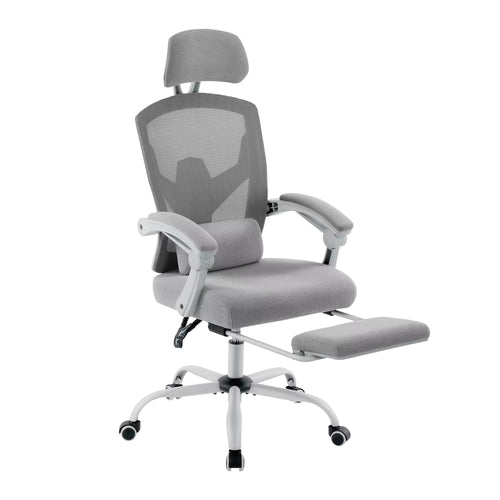 Chaise de bureau ergonomique ERGOBUREAU grise, dossier haut inclinable avec repose-pieds
